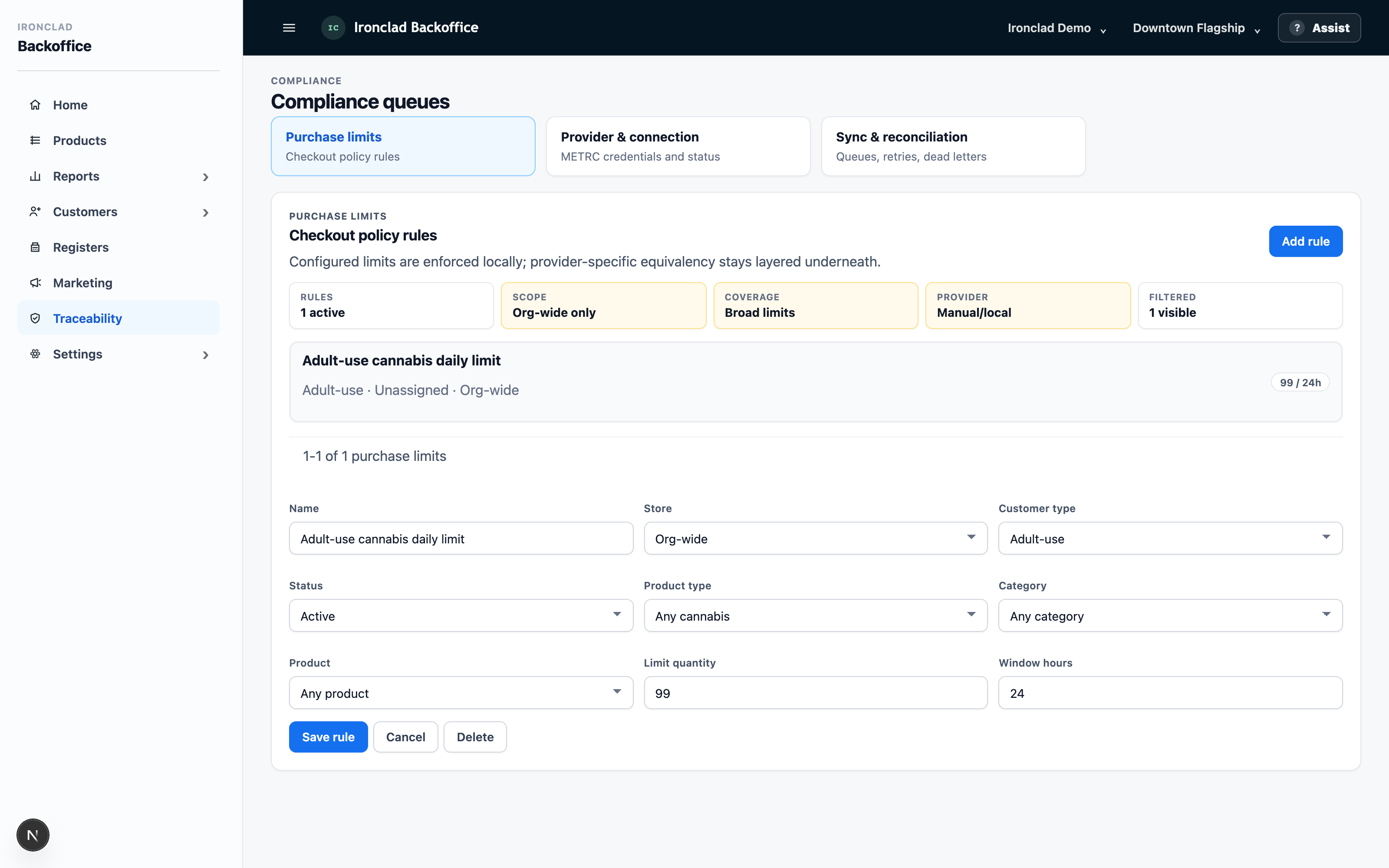 Ironclad compliance workspace with METRC sync runs