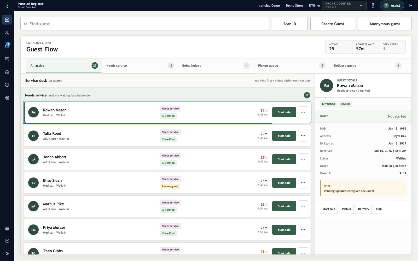 Ironclad Guest Flow prioritizing waiting walk-ins with ID status, wait time, and service actions